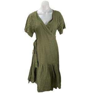 Apiece Apart Green 100% Linen Short Sleeve Ruffle A Line Wrap Maxi Dress Size M